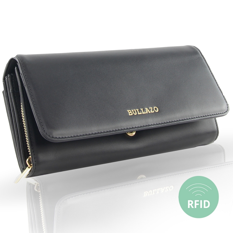 BULLAZO Galano Classic Black Large Womens RFID Blocking Genuine Leather Purse